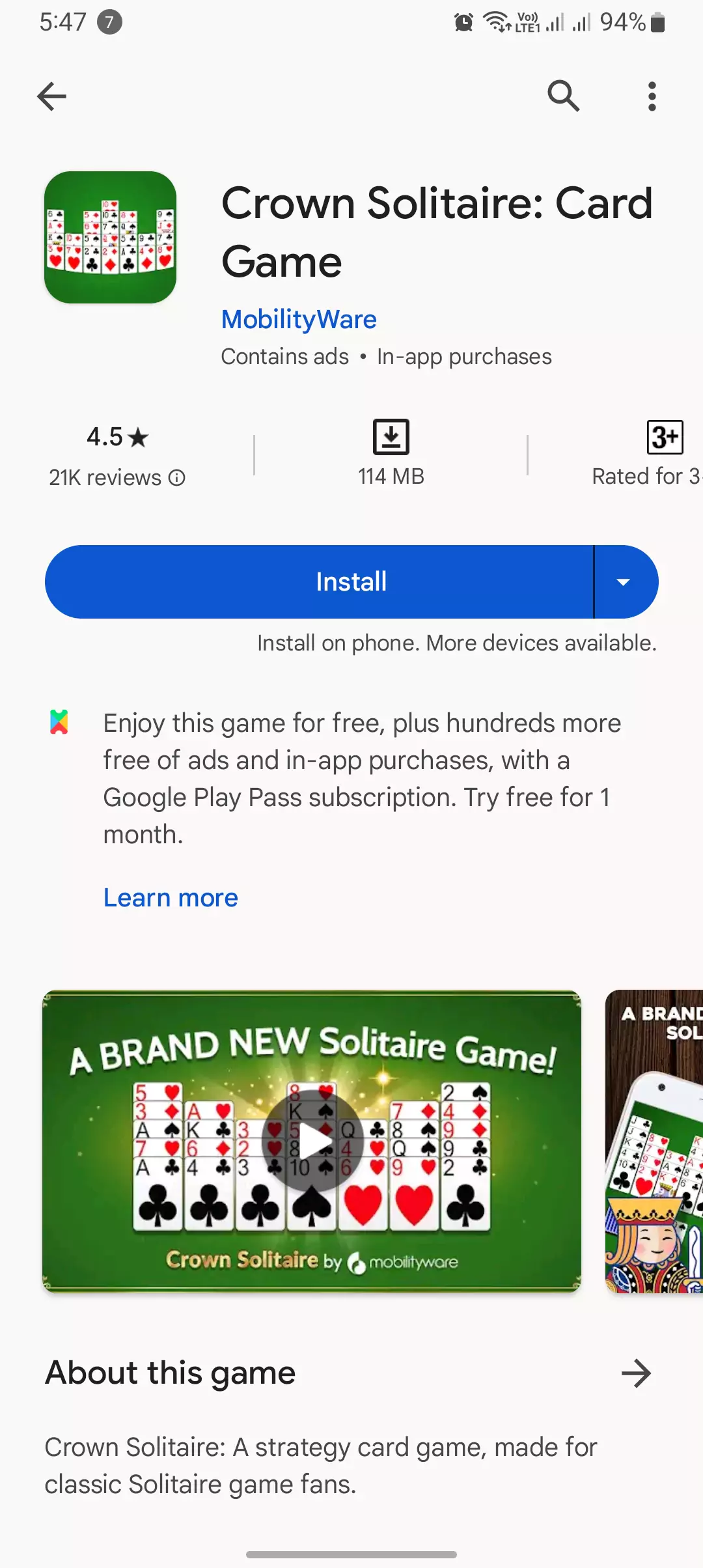 crown solitaire game by mobility ware screenshot
