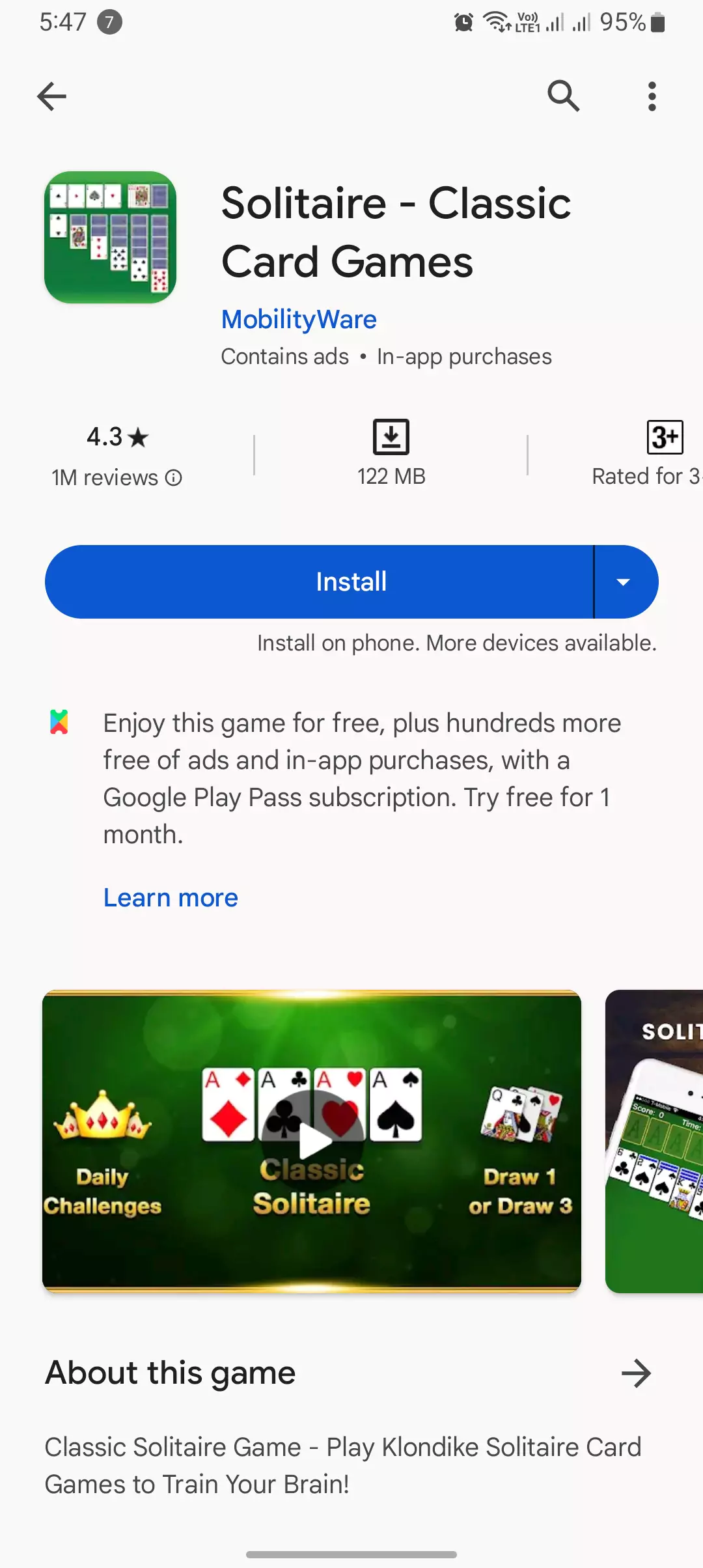 solitaire classic game by mobilityware